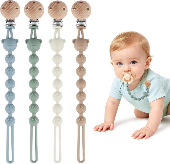 Siliconen Baby Koorden - 4 Stuks - Speenkoord - Spenenketting - Speenlint - Fopspeenkoord - Accessoires Baby - Kinderwagen - Speenclips - Fopspeenhouder - BPA vrij - Voor Speen, Bijtring of Speelgoed - Blauw+Groen+Geel+Bruin