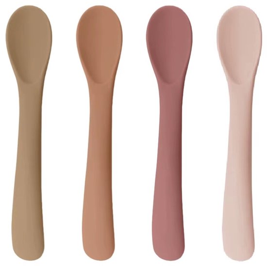 Siliconen Baby Lepeltjes - Babylepels – 4-delige Set (Roze, Roestbruin, Bruin) – Zachte Oefenlepels – Babylepeltje - Vanaf 6 Maanden – BPA-vrij & Veilig – 13 cm - Ergonomische S-Vorm van Merkloos