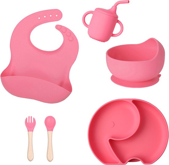Siliconen baby servies 6st – Kinderservies set – Kinderbord met zuignap – Kom met zuignap– Kinderbestek– kinderlepel– Baby drinkbeker – Slabbetjes van Little Champ