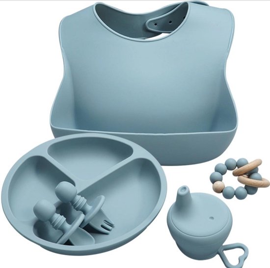 Siliconen baby servies set - Incl slabbetje, bord, bestek, beker cover en bijtring van Olababy