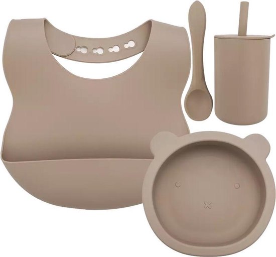 Siliconen baby servies set - Incl slabbetje, Kommetje met zuignap, Lepel, Beker met rietje - Groen van Knibbels