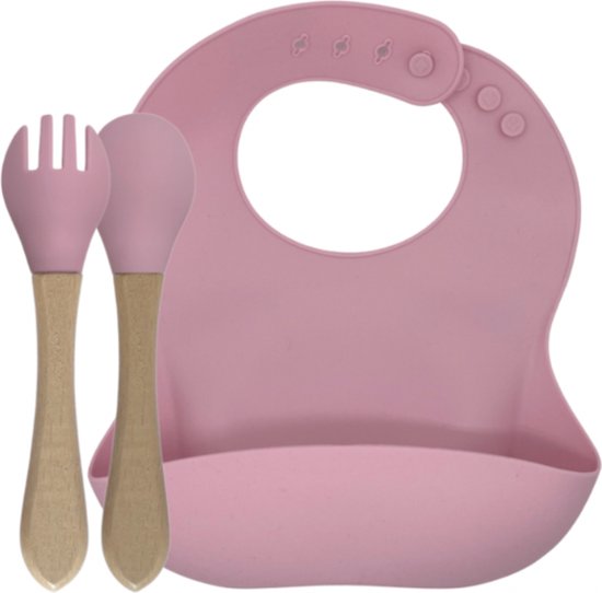 Siliconen Baby Slabber - Bamboe Baby Bestek - Duurzaam Baby Voeding Set - Kleur: Oud Roze / Old Pink - Siliconen Slabbertje - Babyslabbertje - Baby Voeding - Baby Eerste Hapje - Eerste Babyvoeding van Bo Jungle
