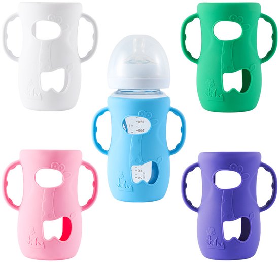 Siliconen babyfleshoezen - Babyflesbeschermers - Beschermt tegen verbranding - BPA-vrij - Babyflesaccessoires - Waterbekerhoezen - Set van 5 - Blauw/Wit/Paars/Roze/Groen