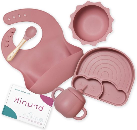 Siliconen babyservies - zuignapbord met vakken - kinderbestek - babylepel - BLW - leerbeker - kom - waterdicht slabbetje van Aexist.