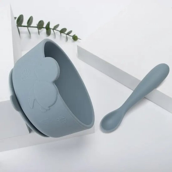 Siliconen Bakje Baby - Blauwgrijs - Met Lepel - Zuignap - BPA-vrij - Leuk Als Kraamcadeau van Merkloos