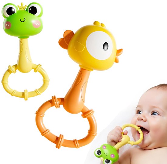 Siliconen bijtspeeltje met draagkoord | Sensueel speeltje dat gemakkelijk vast te pakken is, met rammelaar en polsbandje, stoom- en hittebestendig, geschikt voor 0-12 maanden (Kleine kikker en gele eend) van Merkloos