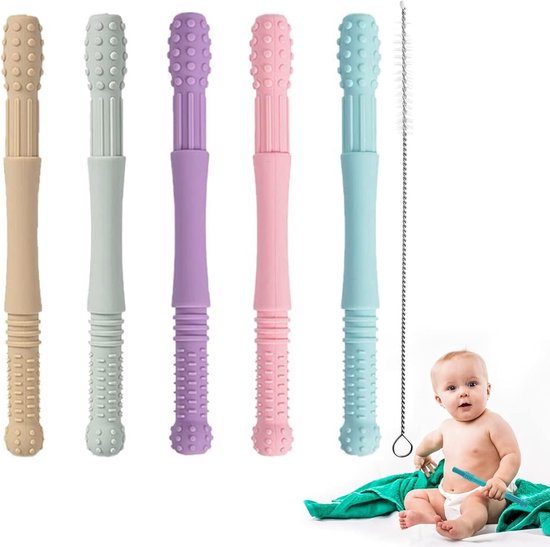 Siliconen bijtspeeltje voor baby's, inclusief schoonmaakborsteltje.
