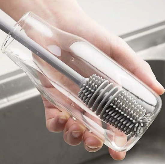 Siliconen Fles afwasborstel – Lange Steel 27 cm – Voor Flessen en Glazen - Grijs - IXEN van Merkloos