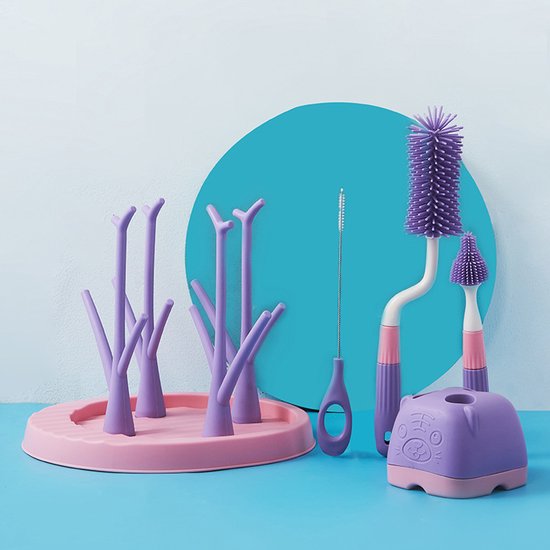Siliconen flessenborstelset met afvoerstandaard - flessenborstel - Flessenrek - Flessen Droogrek - Draaibare flessenreinigingsborstel - met borstelhouder - Violet