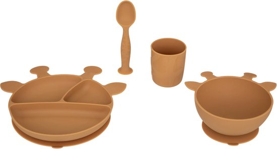 Siliconen kinder maaltijdset - giraf oker - bord bakje beker lepel - zacht kinderservies zuignap - geschikt voor magnetron en vaatwasser - kraamcadeau cadeautje 1e verjaardag kind - kerst cadeau tip van Ahumba.
