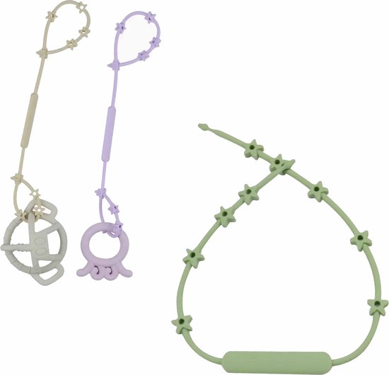 Siliconen riem set paars, groen en beige - speenkoord - bekerhouder - beker Vanger - veiligheidsriem voor kinderwagen, kinderstoel, wiegje van Merkloos