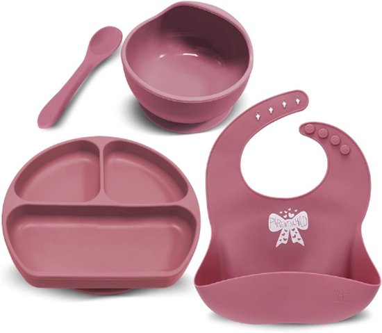 Siliconen Serviesset Voor Baby's Met Zuignap – Slabbetje, Kom En Lepel Set Voor Meisje & Jongen – 4 Stuks – Duurzaam En Veilig van Merkloos
