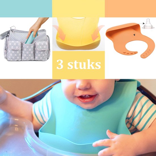 Siliconen Slabbetje met Opvangbakje 3 Stuks - Zacht en comfortabele baby slab - Verstelbaar - BPA-vrij - Blauw geel en oranje set van Vivi Bear