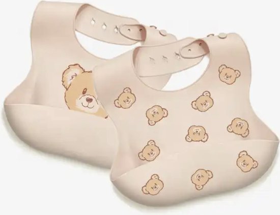 Siliconen slabbetjes | 2 stuks | Beren | Opvangbak | Beige | BPA vrij van Vitali Baby
