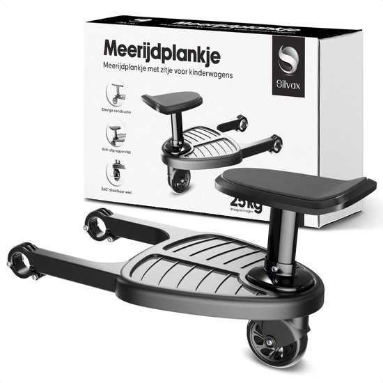 Silvax® - Meerijdplankje - Universeel - Eenwieler - Meerijd plankje met zitje - Voor kinderwagen - Extra stevig - Zwart van Merkloos