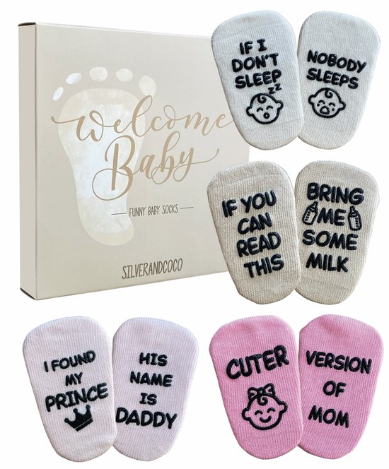 SilverandCoco® Baby Sokjes met Grappige Tekst | Geboorte Geschenkset Sokken Antislip Katoen | Kraam pakket Cadeau Gift Set | Shower Cadeautjes Geschenk Versiering Decoratie | Zwangerschap Katoenen Kleding | Gender Reveal Zwanger - Meisje Girl Roze van Merkloos