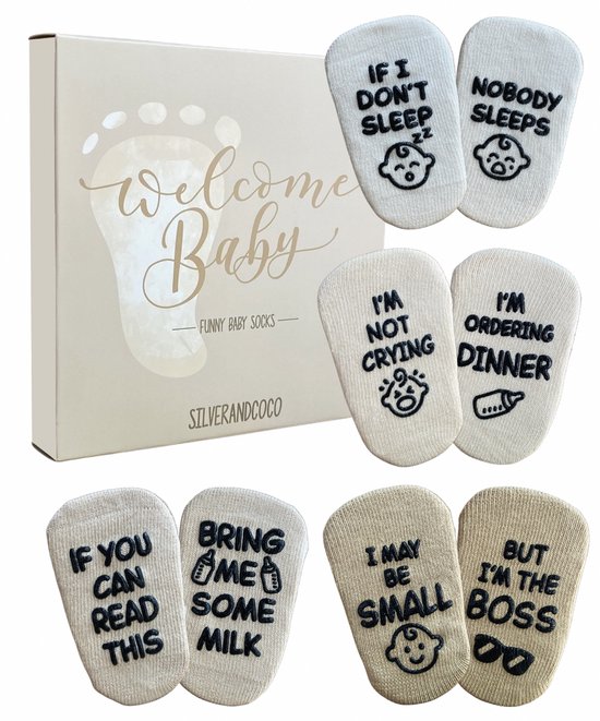 SilverandCoco® Baby Sokjes met Tekst - Geboorte Geschenkset Sokken Antislip Katoen - Kraam pakket Cadeau Gift Set - Shower Cadeautjes Geschenk - Zwangerschap Katoenen Kleding - Gender Reveal Zwanger - Unisex Neutraal Jongen Meisje Boy Girl Roze Blauw van Merkloos