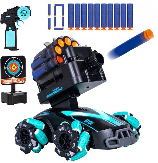 Silvergear® Bestuurbare Auto met Schietfunctie - RC Auto met Soft Bullets en Schietschijf - 2 Speelopties - 2 Oplaadbare Accu's - Voor Binnen & Buiten - Interactief Speelgoed voor Jongens en Meisjes - Zwart/Blauw - Cadeau voor Jongens - 6,7,8,9+ Jaar