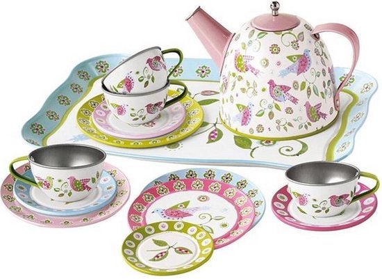 Simply for Kids - Tinnen theeset in koffer - Lente vogels (15-delig) van Simply for kids