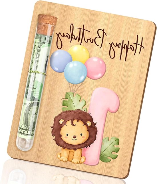 Simsky Geldgeschenk 1e verjaardag jongen, houten kaart met reageerbuis, leeuwenmotief, grappig cadeau 1 jaar jongen, houten wenskaart geldverpakking decoratieve set 13x10cm voor neef, kleinkind zoon