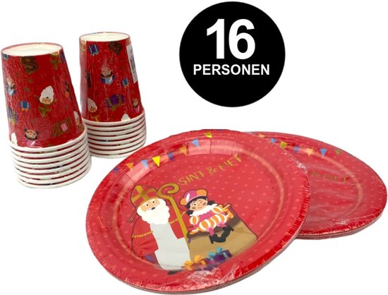 Sinterklaas wegwerp Servies Set - Borden en Bekers - 16 personen van Partydeco