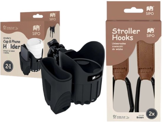 SIPO Kinderwagenaccessoires Set - 2-in-1 Bekerhouder met Telefoonhouder & Kinderwagen Haken Set van 2 - Praktisch - Stevig - Stijlvol Design - Zwart & Bruin van SIPO