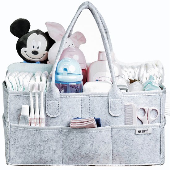SIPO Luier Organizer Tas - Opbergmand voor Baby Accessoires - Grijze Felt Caddy met Handvat - 3 Vakken + 8 Zakken - Grijs - Commode Tas - Commode Organizer van Merkloos