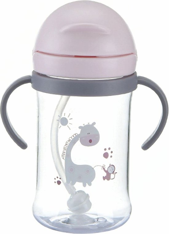 Sippy Cup - Drinkbeker met Dop en Rietje - Handvaten - 250ml - Roze - Giraffe van Merkloos