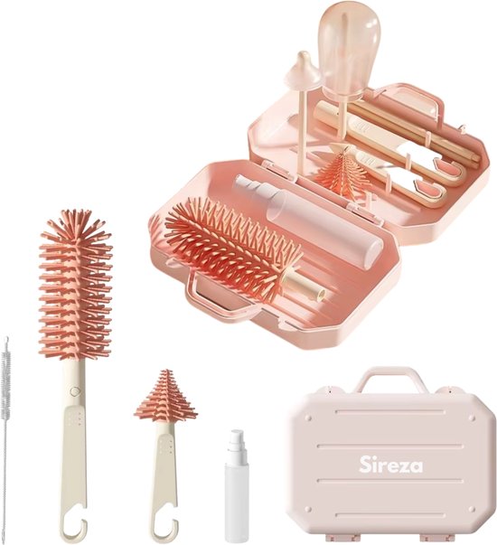 sireza® S1 - flessen borstel - 6-in-1 flessenborstel set- BPA vrij - flessenborstel baby - Flessenborstel droogrek - flessenborstel reis set - Flessenreiniger - Afdruiprek - roos van sireza