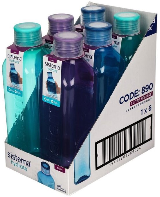Sistema Waterfles, vierkant, 1 l, BPA-vrije waterfles, dicht sluitend deksel, gripvaste vorm, gemengde kleuren van Merkloos
