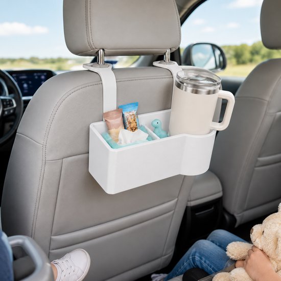 Skushy hoofdsteunorganizer met bekerhouder - praktische houder voor achter de autostoel, voor drankjes, smartphone en kleine tassen onderweg, handig voor dagelijks gebruik, reizen, gezin en lange autoritten