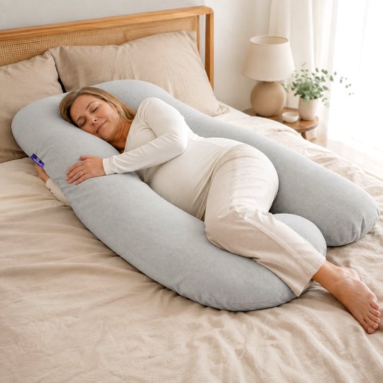 Slaapspeciaal XXL Zwangerschapskussen U-Vorm 140x75 cm – Ergonomisch Body Pillow & Zijslaperkussen – Afneembare Grijze Wafelhoes