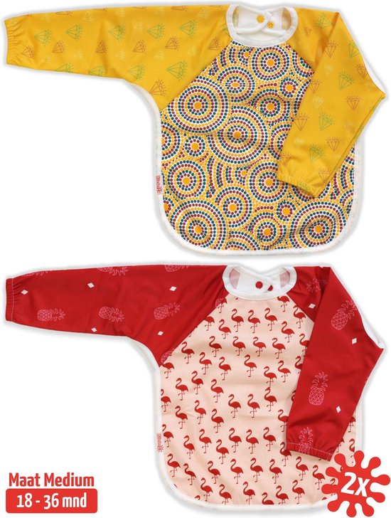 Slab met mouwen set 2 stuks | KliederZ lange mouwslab 18 - 36 mnd | meisjes peuter slab Aboriginal art & Flamingo LB03 van KliederZ