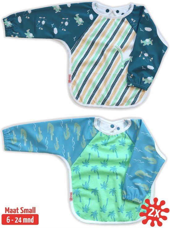 Slab met mouwen set 2 stuks | KliederZ lange mouwslab 6 - 24 mnd | jongen babyslab Vliegtuigen & Jungle LB02 van KliederZ