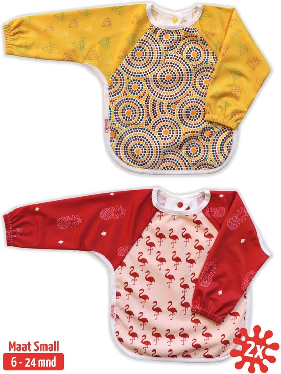 Slab met mouwen set 2 stuks | KliederZ lange mouwslab 6 - 24 mnd | meisje babyslab Aboriginal Art & Flamingo LB01 van KliederZ