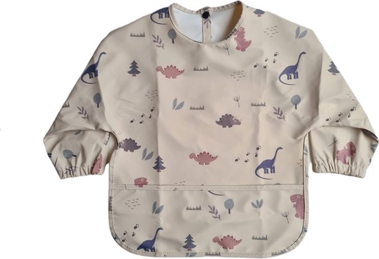 Slab - Schort - Waterproof - met mouw - Kinderschort - Slab met mouwen - Waterafstotend - Knutselen - Kliederschort - met opvangbak - 12 tot 36 maanden - Beige Dino van Merkado Kids