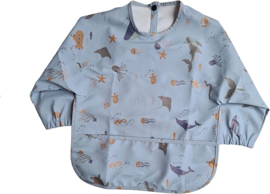 Slab - Schort - Waterproof - met mouw - Kinderschort - Slab met mouwen - Waterafstotend - Knutselen - Kliederschort - met opvangbak - vanaf 6 tot 18 maanden - Blauwe met zeedieren van Aiyvi