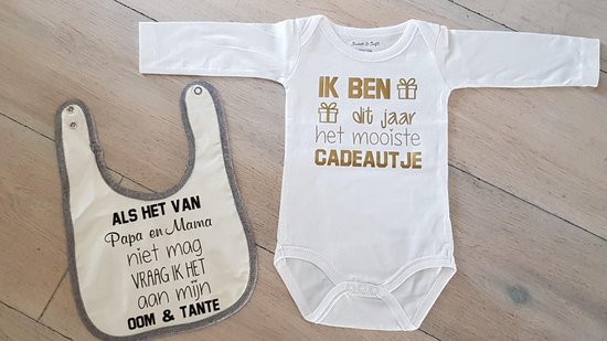 Slabbetje En Rompertje Met Tekst - Oom & Tante - Bekendmaking Zwangerschap - Wit/Grijs/Goud - 2 Stuks van Merkloos