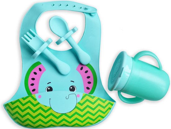 slabbetje met bakje siliconen - Kinderbestek baby lepeltjes en vorkjes- BPA vrij - drinkbeker - 360 trainingsbeker van Rettel