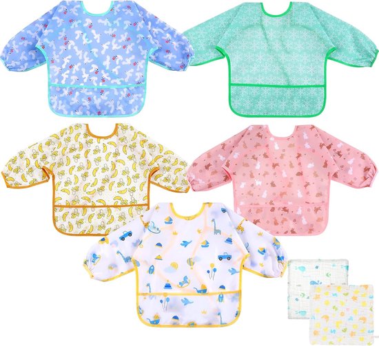 Slabbetje voor baby's, slabbetjes met opvangbak voor 0 tot 24 maanden, babyslabbetjes met mouwen, 5 stuks slabbetjes, afwasbaar, om te spelen en te beschilderen van Avertz