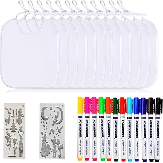 Slabbetje voor kinderen om in te kleuren - set van 12 witte slabbetjes met textielstiften en schildersjablonen van "Superfreak"