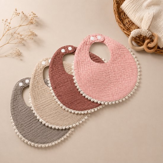 Slabbetjes | 4 stuks | Hydrofiel katoen | Ronde kwijlslabbetjes | Baby en peuter | Taupe | Beige | Roest | Roze