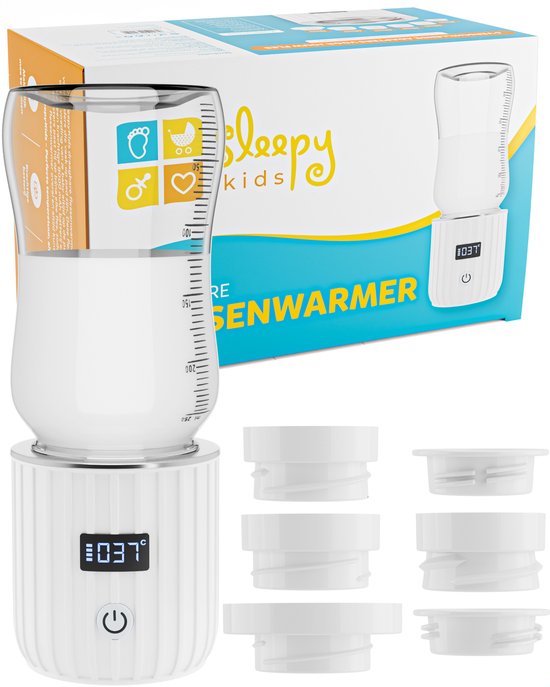 SleepyKids® Flessenwarmer onderweg - 10.000 mAh - Incl. 8 adapters - Draagbare flessenverwarmers - Incl. opbergzakje & glazen opwarmflesje van SleepyKids®