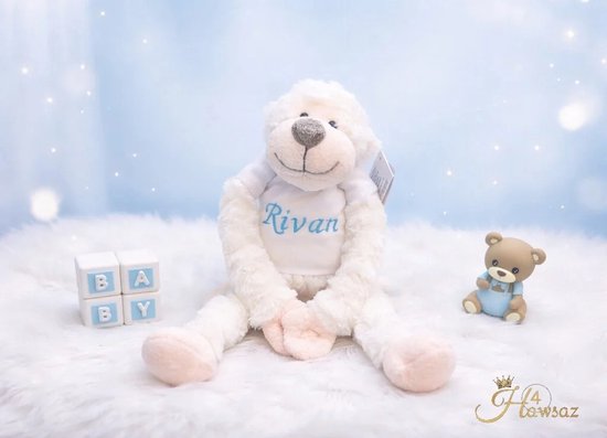 Slingeraapje met naam geborduurd 1 stuk Creme kleur - Hawsaz.nl cadeau - Baby knuffel met naam - Geboortecadeau - Cadeau voor jongens en meisjes - Verjaardag cadeau - Baby en peuter cadeau - Kraamcadeau - Gepersonaliseerde - knuffel -Kado met naam