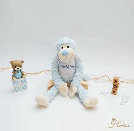 Slingeraapje met naam geborduurd 1 stuk - Hawsaz.nl cadeau - Baby knuffel met naam Blauw - Geboortecadeau - Cadeau voor jongens en meisjes - Verjaardag cadeau - Baby en peuter cadeau - Kraamcadeau - Gepersonaliseerde - Fluffy knuffel -Kado met naam van Hawsaz.nl