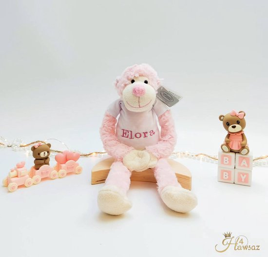 Slingeraapje met naam geborduurd - Hawsaz.nl cadeau - Baby knuffel met naam roze- Geboorte cadeau - Cadeau voor jongens en meisjes - Verjaardag cadeau - Baby en peuter cadeau - Kraamcadeau - Gepersonaliseerde cadeau - Fluffy knuffel -Kado met naam van Hawsaz.nl