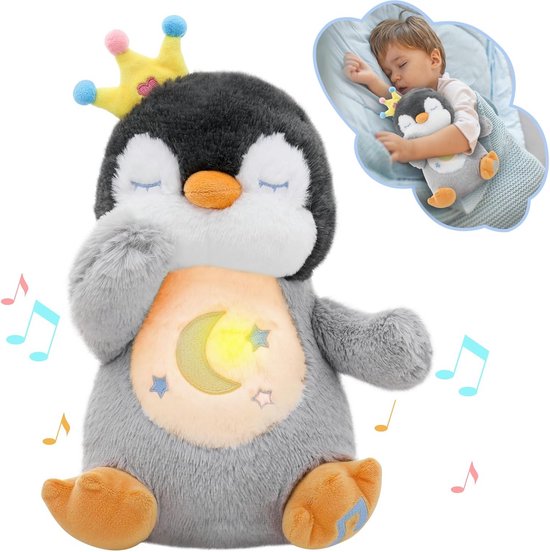 Sluimerknuffel Pinguïn - Ademende knuffel Baby - Baby Kalmeren - Met Ademritme - 1x1x1 cm - Zwart-wit