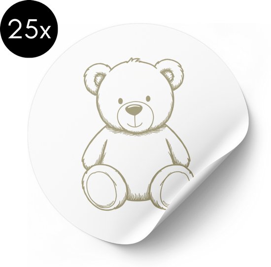 Sluitstickers Geboortekaartje - Teddybeer - Baby News - Beige / Wit - 30 mm - Ronde Sticker - 25 stuks