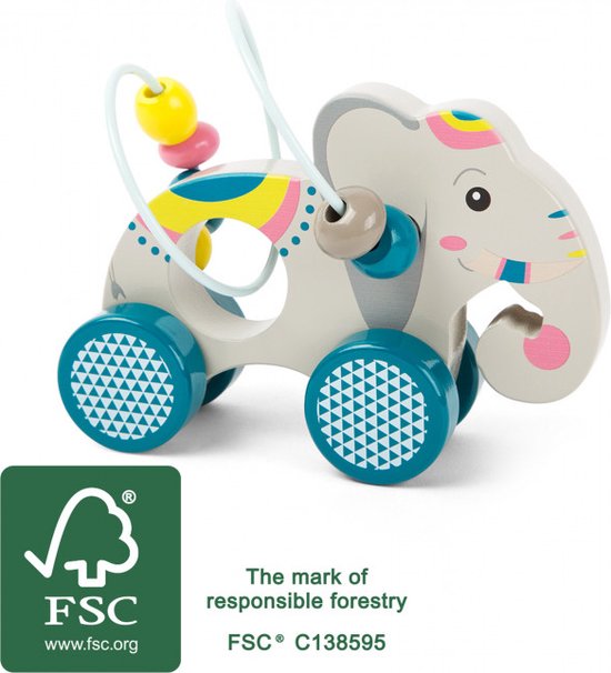 Small Foot - Houten Duwfiguur Olifant met Motoriekspiraal