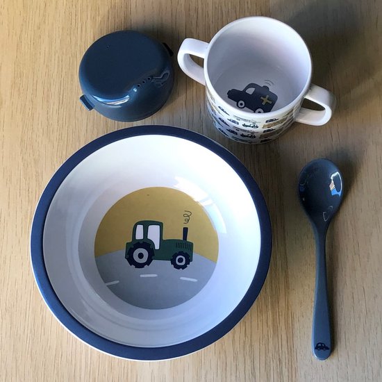 Smallstuff tractor voertuigen kinderservies geschenkset - kom + tuitbeker + lepel van Smallstuff